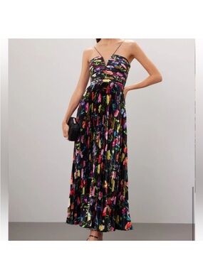 Floral Black Pleated Maxi Dress with Spaghetti Straps